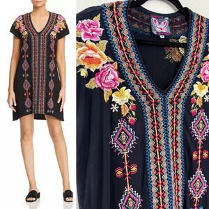 Johnny Was Bohemian Lagenlook 100% Cotton Black Embroidered Vella Cocoon Dress M
